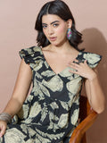 Black Flared Dress With Botanical Motifs