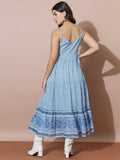 Blue Striped Flowy Dress With Traditional Block Print Inspired Border Accents