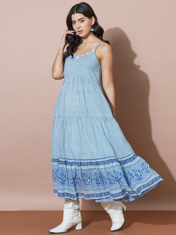 Blue Striped Flowy Dress With Traditional Block Print Inspired Border Accents