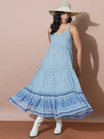 Blue Striped Flowy Dress With Traditional Block Print Inspired Border Accents
