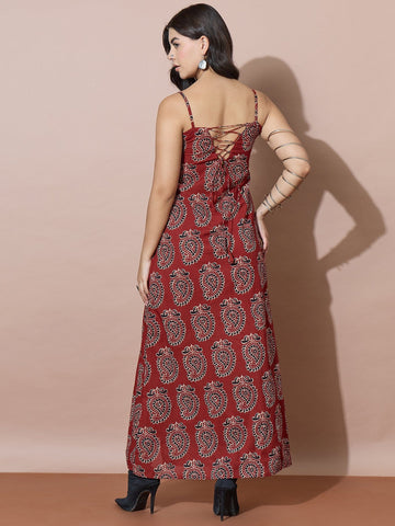 Rust Ajrakh-Inspired Paisley Print Dress Featuring A Back Tie-Up