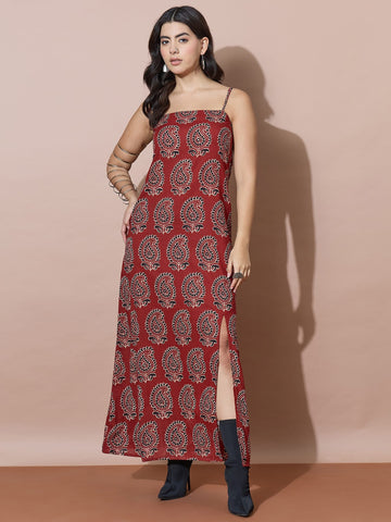 Rust Ajrakh-Inspired Paisley Print Dress Featuring A Back Tie-Up