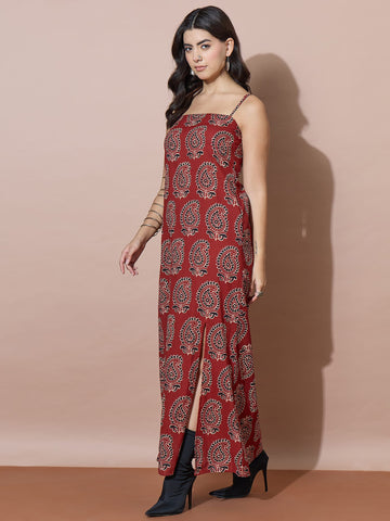 Rust Ajrakh-Inspired Paisley Print Dress Featuring A Back Tie-Up