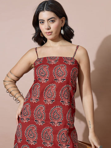 Rust Ajrakh-Inspired Paisley Print Dress Featuring A Back Tie-Up