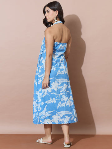 Blue Tropical Blossom Halter Neck Backless Dress