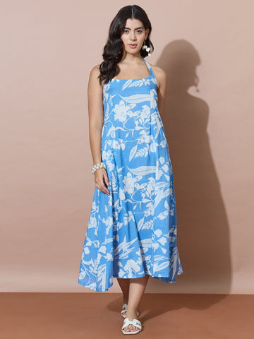 Blue Tropical Blossom Halter Neck Backless Dress