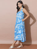 Blue Tropical Blossom Halter Neck Backless Dress
