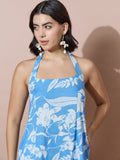 Blue Tropical Blossom Halter Neck Backless Dress