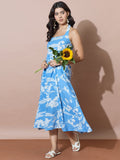 Blue Tropical Blossom Halter Neck Backless Dress