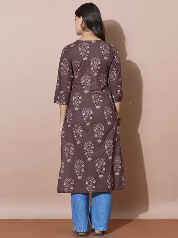 Classic Round Neck Brown Printed Kurti