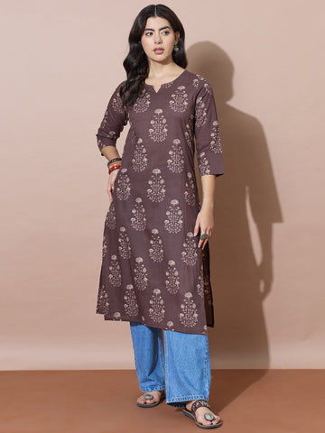 Classic Round Neck Brown Printed Kurti