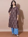 Classic Round Neck Brown Printed Kurti