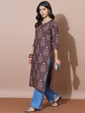 Classic Round Neck Brown Printed Kurti