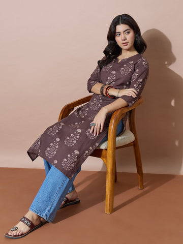 Classic Round Neck Brown Printed Kurti