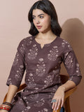 Classic Round Neck Brown Printed Kurti