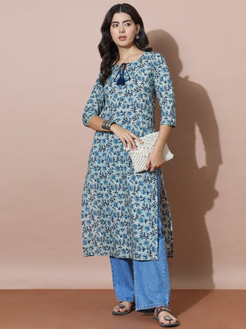 Everyday Chic Blue Print Tassel Kurti