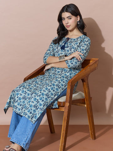 Everyday Chic Blue Print Tassel Kurti