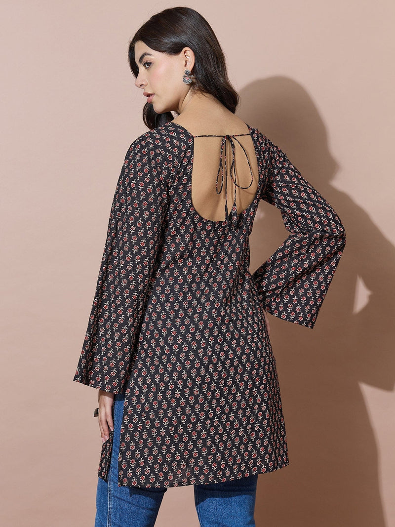 Black V-Neck Short Kurti With Back Tie-Up