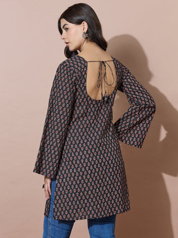 Black V-Neck Short Kurti With Back Tie-Up