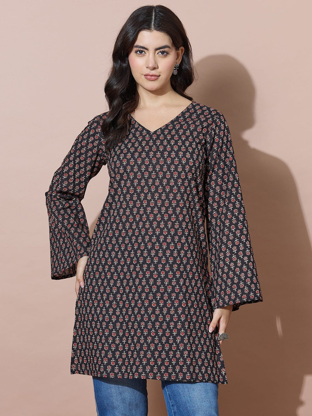 Black V-Neck Short Kurti With Back Tie-Up