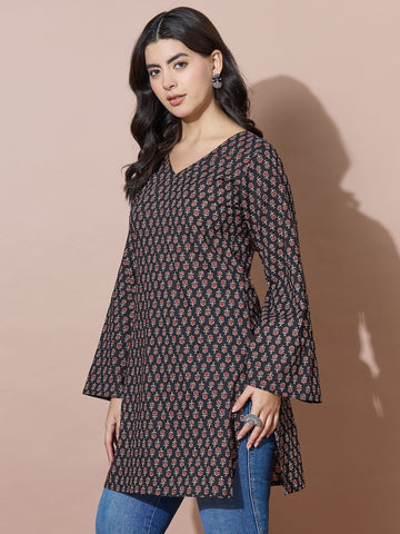 Black V-Neck Short Kurti With Back Tie-Up