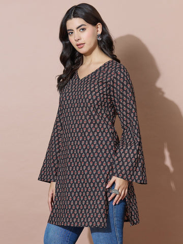 Black V-Neck Short Kurti With Back Tie-Up