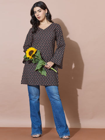 Black V-Neck Short Kurti With Back Tie-Up