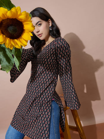 Black V-Neck Short Kurti With Back Tie-Up