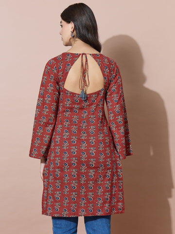 Rust Modern Square-Neck Kurti With Back Tie-Back