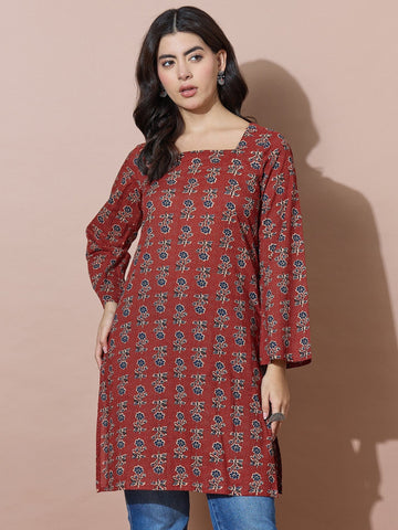 Rust Modern Square-Neck Kurti With Back Tie-Back