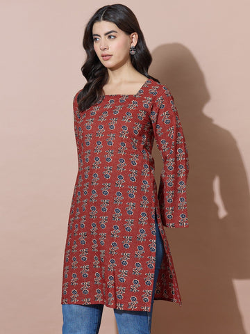 Rust Modern Square-Neck Kurti With Back Tie-Back