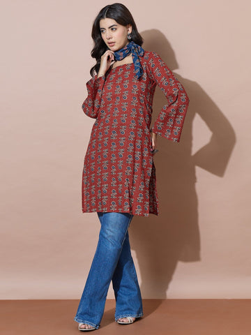Rust Modern Square-Neck Kurti With Back Tie-Back