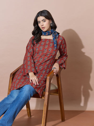 Rust Modern Square-Neck Kurti With Back Tie-Back