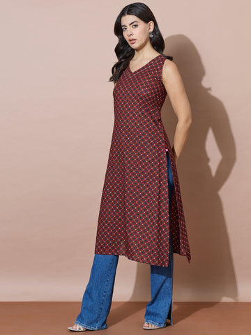Printed Sleeveless Kurta With Crisscross Back Modern Fit