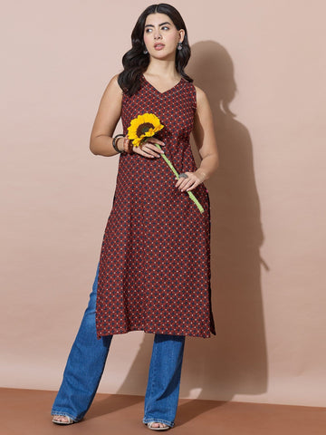 Printed Sleeveless Kurta With Crisscross Back Modern Fit