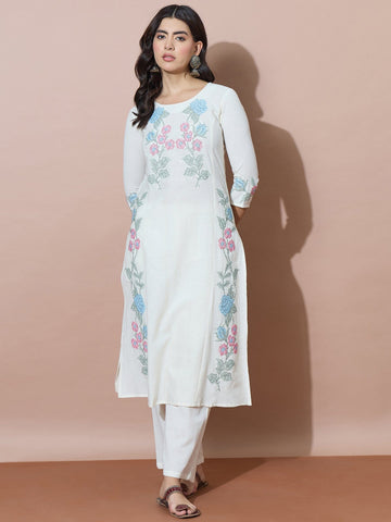Summer Fresh White Embroidered Flex Kurta Set