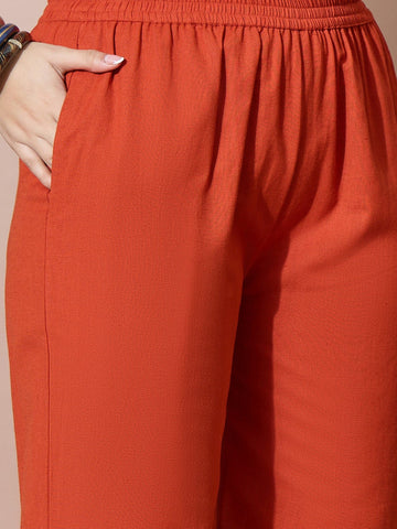 Rust Orange Embroidered Flared Flex Kurti