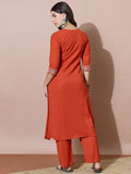 Rust Orange Embroidered Flared Flex Kurti