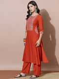 Rust Orange Embroidered Flared Flex Kurti