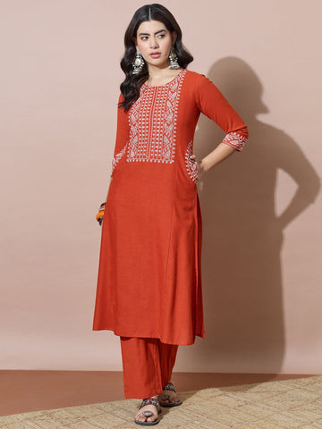 Rust Orange Embroidered Flared Flex Kurti
