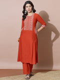 Rust Orange Embroidered Flared Flex Kurti