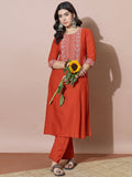 Rust Orange Embroidered Flared Flex Kurti