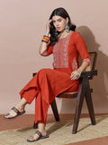 Rust Orange Embroidered Flared Flex Kurti