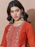 Rust Orange Embroidered Flared Flex Kurti