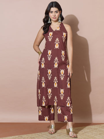 Earthy Tone Printed V-Neck Kurta Set