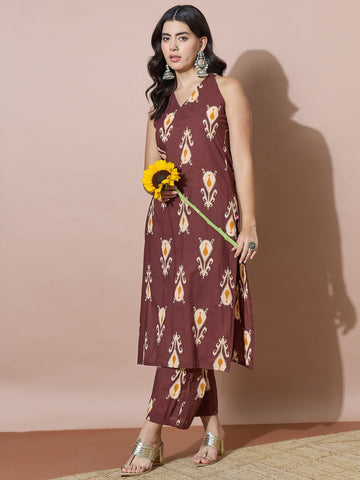 Earthy Tone Printed V-Neck Kurta Set