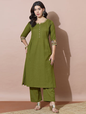 Women'S Green Flex Buttoned Kurta Set