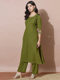 Women'S Green Flex Buttoned Kurta Set