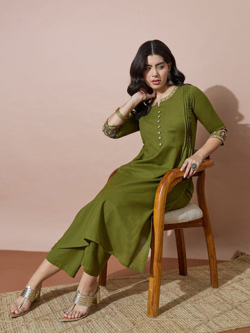 Women'S Green Flex Buttoned Kurta Set