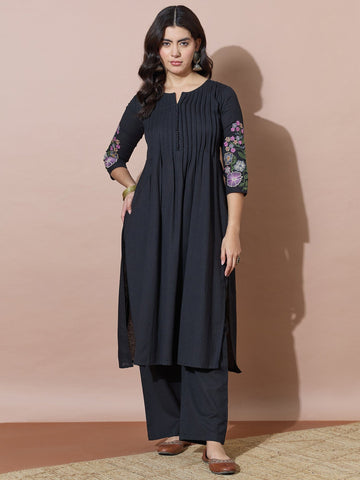 Elegant Black Flared Embroidered Flex Kurta Set